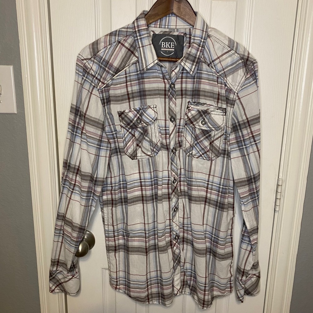 BKE Mens Large Standard Fit Plaid Western Button Down Shirt Grey White Cotton